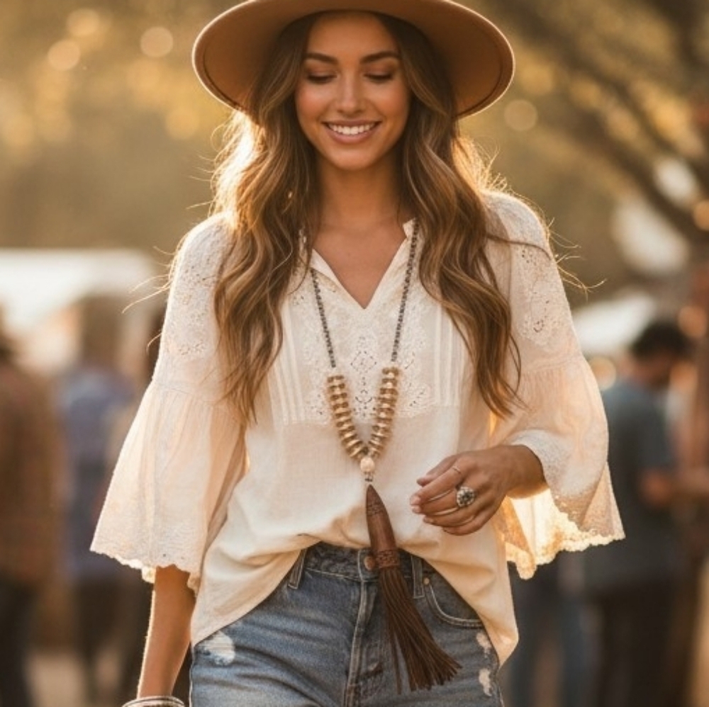 Chico's Fringe Pendant Gold Bead Western Long Statement Necklace Fashion Jewelry